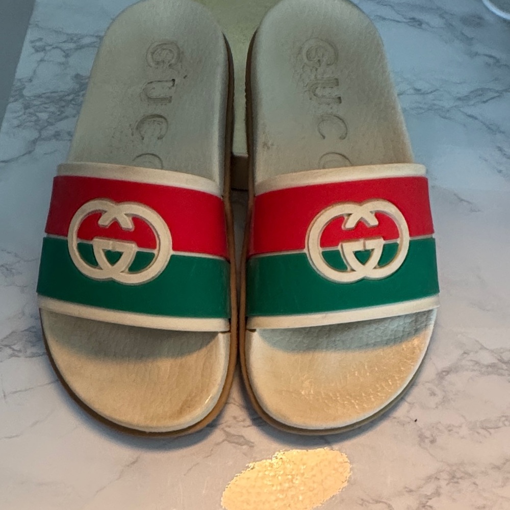 Gucci Cream Slides with Red and Green Accents